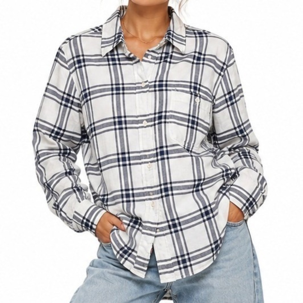 Faherty Plaid Shirt Womens XS Legend Indigo Long Sleeve Relaxed Preppy Casual